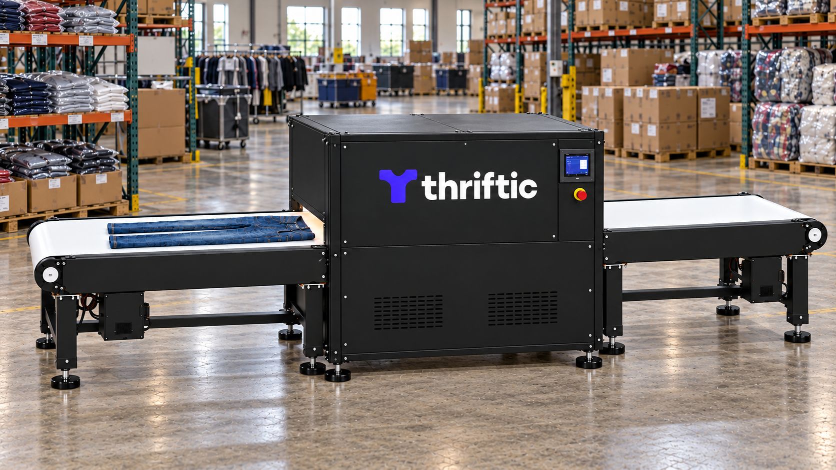 Thriftic prototype concept in a garment stocklot warehouse, with a matte-black enclosure, violet and white branding, white conveyor belts, and blue jeans on the feeding belt.